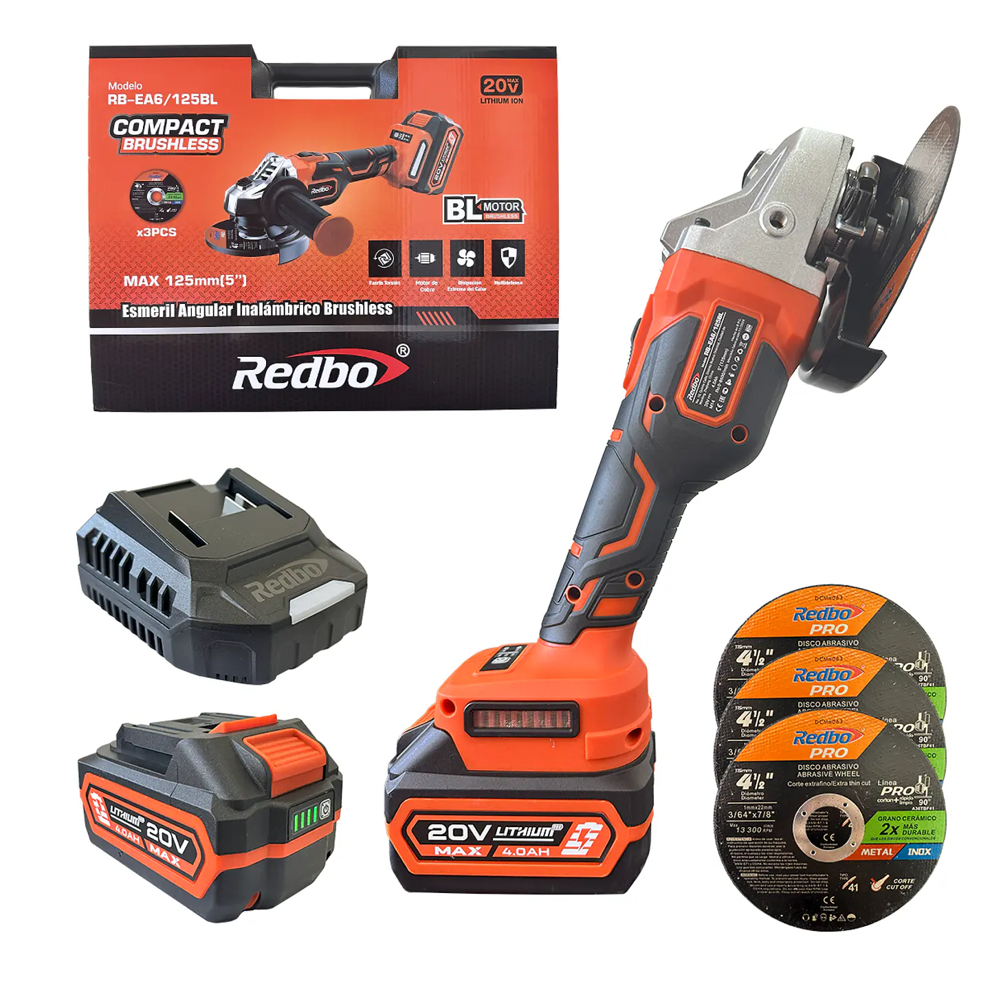 Esmeril Angular Inalámbrico Redbo 20V Brushless (RB-EA6/125BL) 4.5" + 2 Baterías 4.0Ah y Discos de Corte
