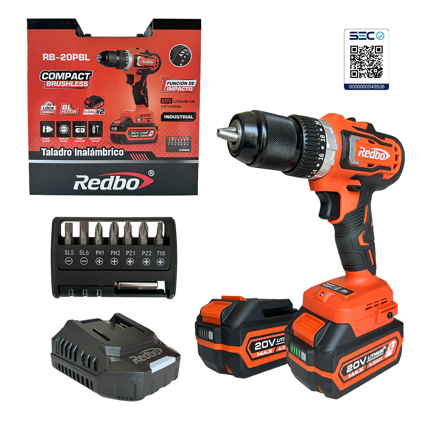 Taladro Percutor Inalámbrico Redbo 20V Brushless (RB-20PBL) Mandril 13mm + 2 Baterías 4.0Ah